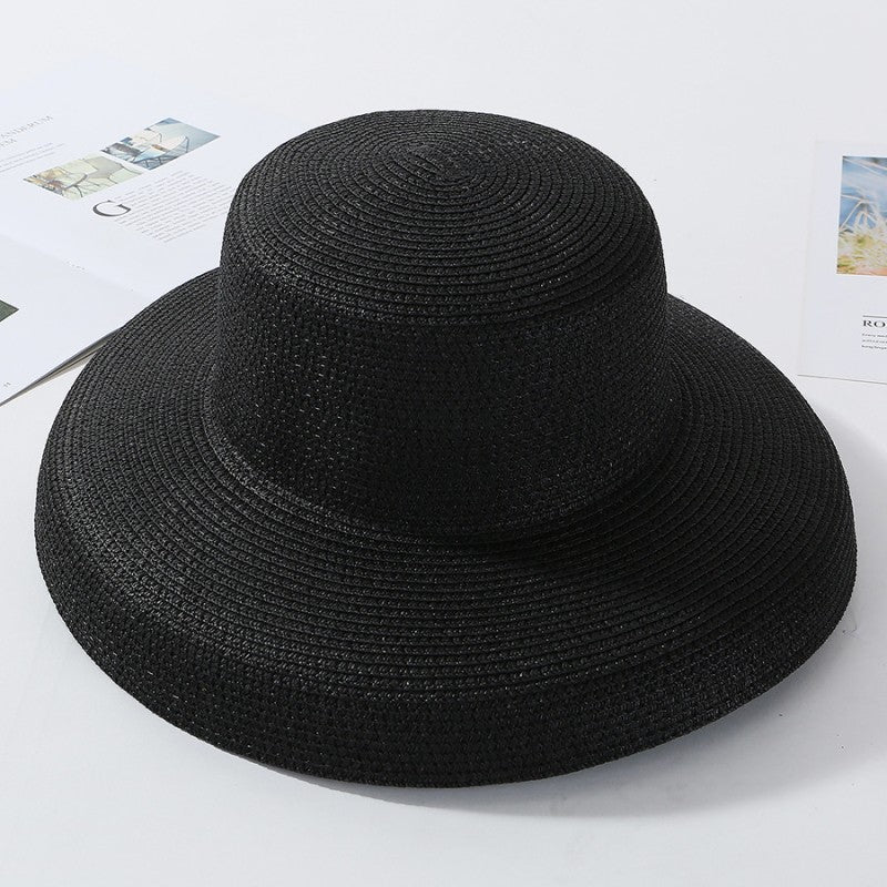 2023 New Summer Sun Hats Ladies Solid Plain Elegant Wide Brim Hat Female Round Top Panama Floppy Straw Beach Hat Women ????