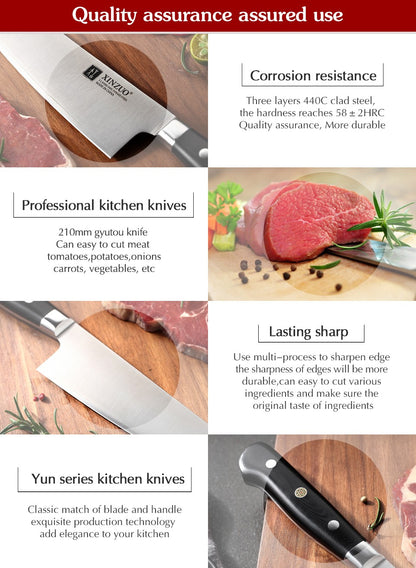 XINZUO 210mm Chef Knife 3 Layer 440C Core Clad Steel Kitchen Knives Stainless Steel Sharp Butchers Gyutou Knife with G10 Handle