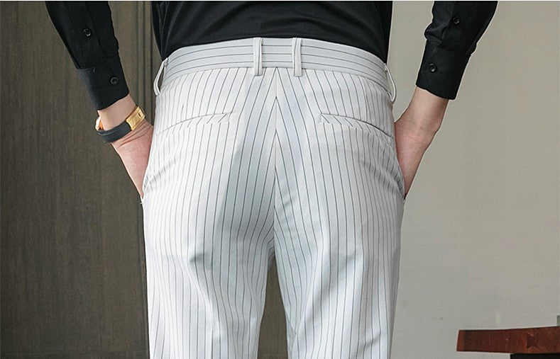 White Vertical Stripes Suit Pants Men, Blue Black Trousers, Fashion Slim Men's Pant Business Pantalones Hombre Autumn New Slacks