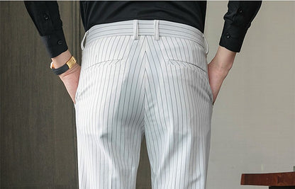 White Vertical Stripes Suit Pants Men, Blue Black Trousers, Fashion Slim Men's Pant Business Pantalones Hombre Autumn New Slacks