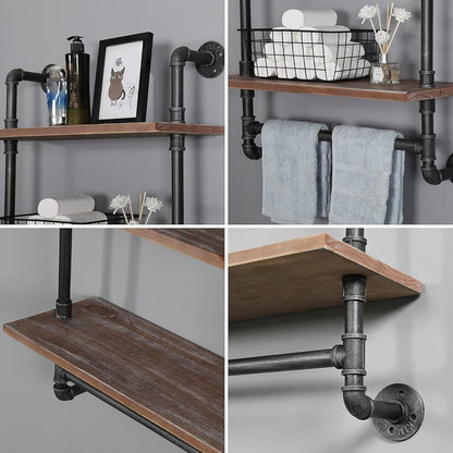 Industrial Pipe Style Wall Mounted Floating Shelves - 2-Tier 24 Rustic Wood Bathroom Shelf with Towel Rack