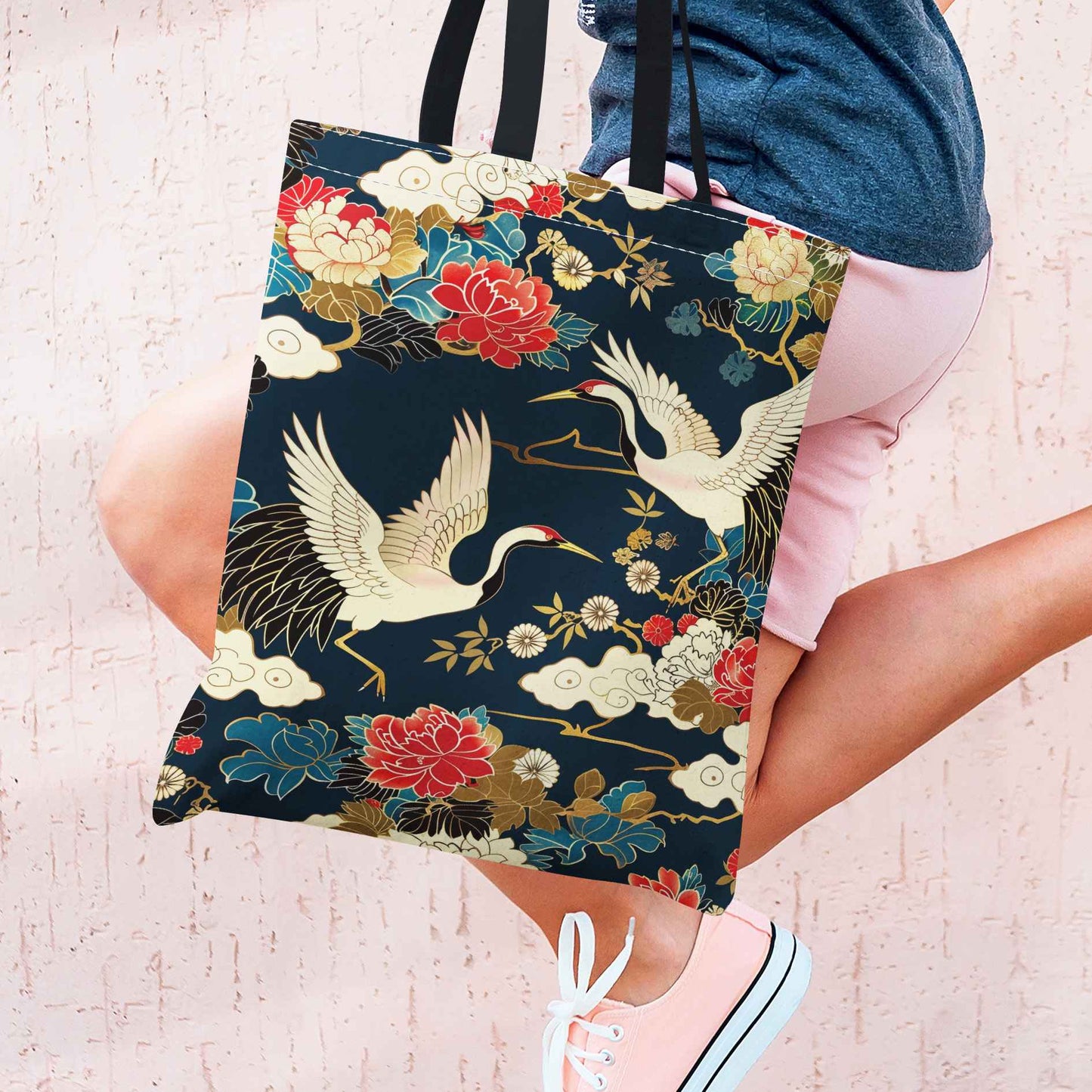 Japanese-Inspired Tote Bag with Crane And Floral Print, No Closure, Unlined, Durable Reusable Shopping Bag
