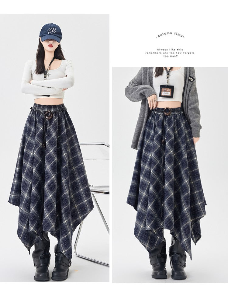 Women Skirt Plaid High Waisted Elastic A Line Mid Length Korean Style Fashion Retro Versatile Irregular Autumn Skirt