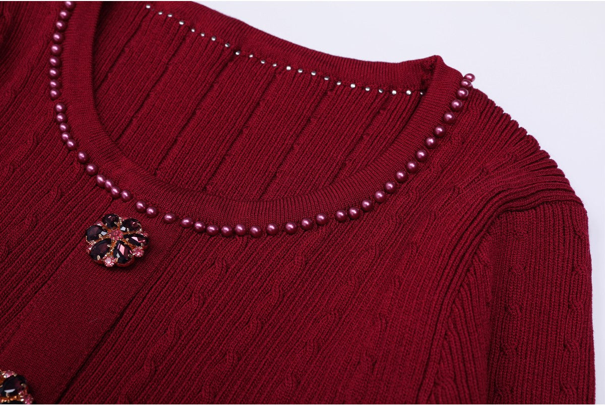 High Quality Spring And Autumn New Fashion Knitted Heavy Industry Pearl Slim Fit And Slimming Round Neck Long Sleeved Dress