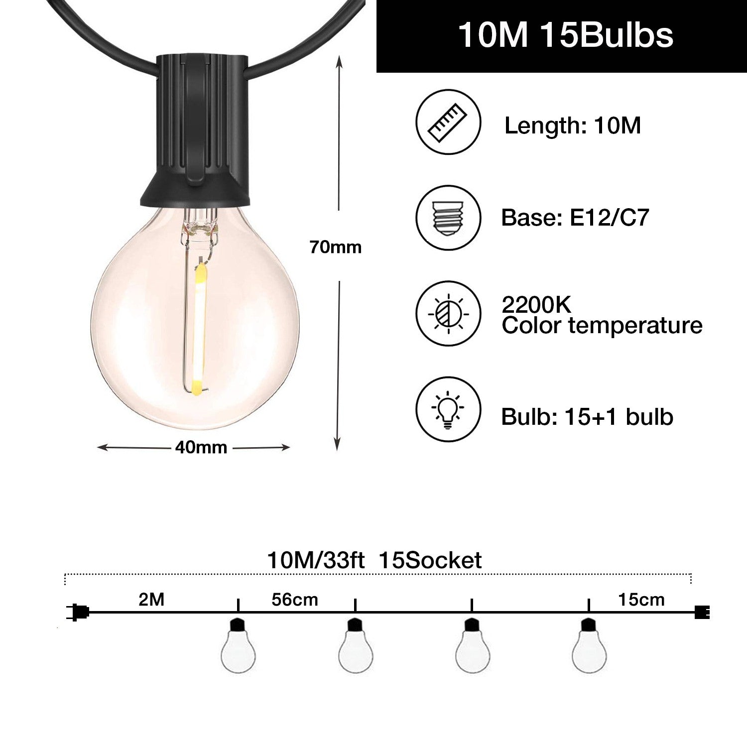 25FT 50FT G40 Fairy String Lights Outdoor Clear Glass Bulbs E12 Socket EU Plug Dimmable Waterproof Patio Decorative Lights Chain
