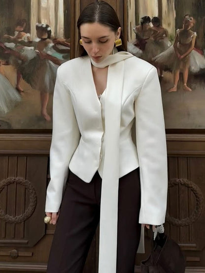Tossy Elegant Female Striped Suit Coat For Women Scarf Lace-Up Patchwork V-Neck Long Sleeve Luxury Outwear Female Jackets Coat