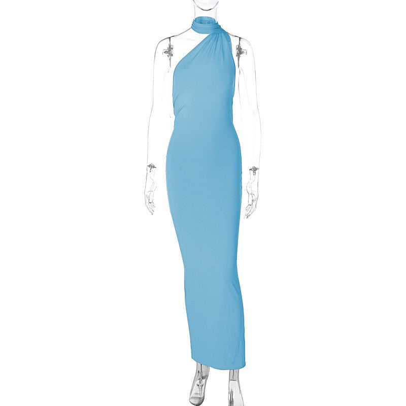 Hugcitar One Shoulder Backless Adjustable Scarf Loop Ruched Sexy Maxi Dress Wome