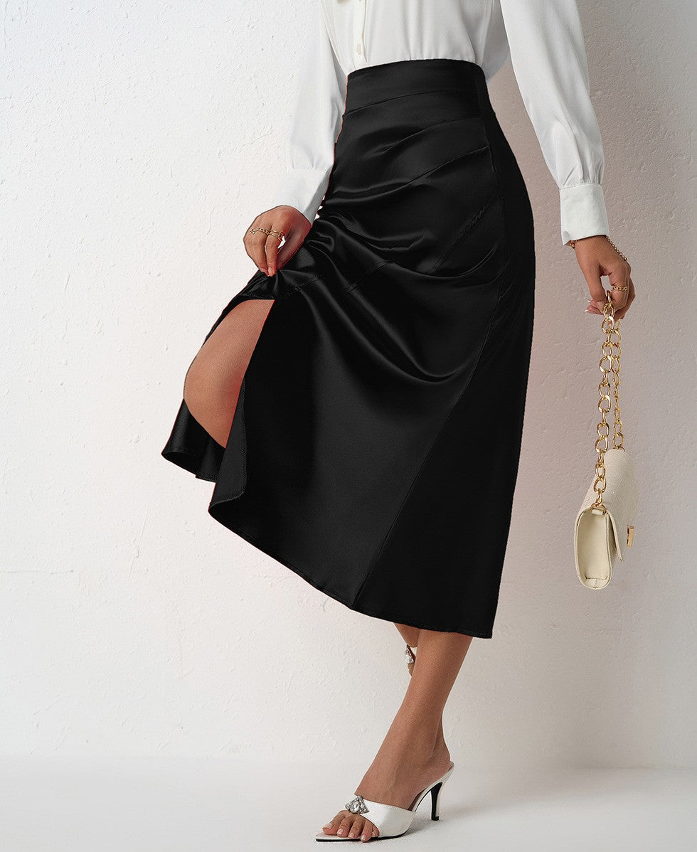 Nighpha Women's Elegant Satin Skirts High Waisted Flared Casual Work Office Fishtail Midi Skirt