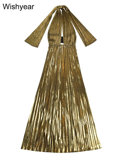 Wishyear Women's Sexy Ruched Patchwork Bodycon Dress Halter Sleeveless Backless for Autumn Birthday Party Evening Christmas Prom