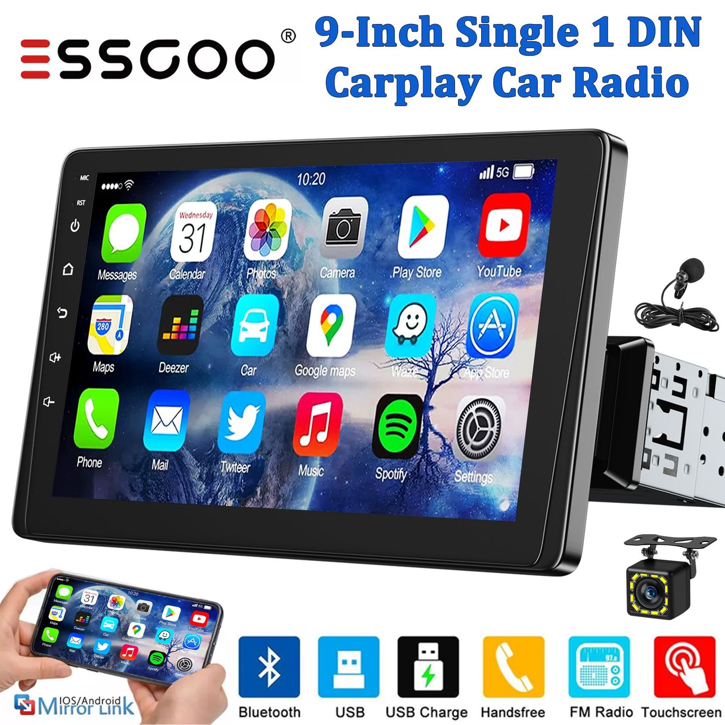 ESSGOO 9" Single 1 Din Car Stereo Radio Touch Screen Wireless Apple CarPlay & Android Auto MP5 Player Head Unit Bluetooth FM SWC