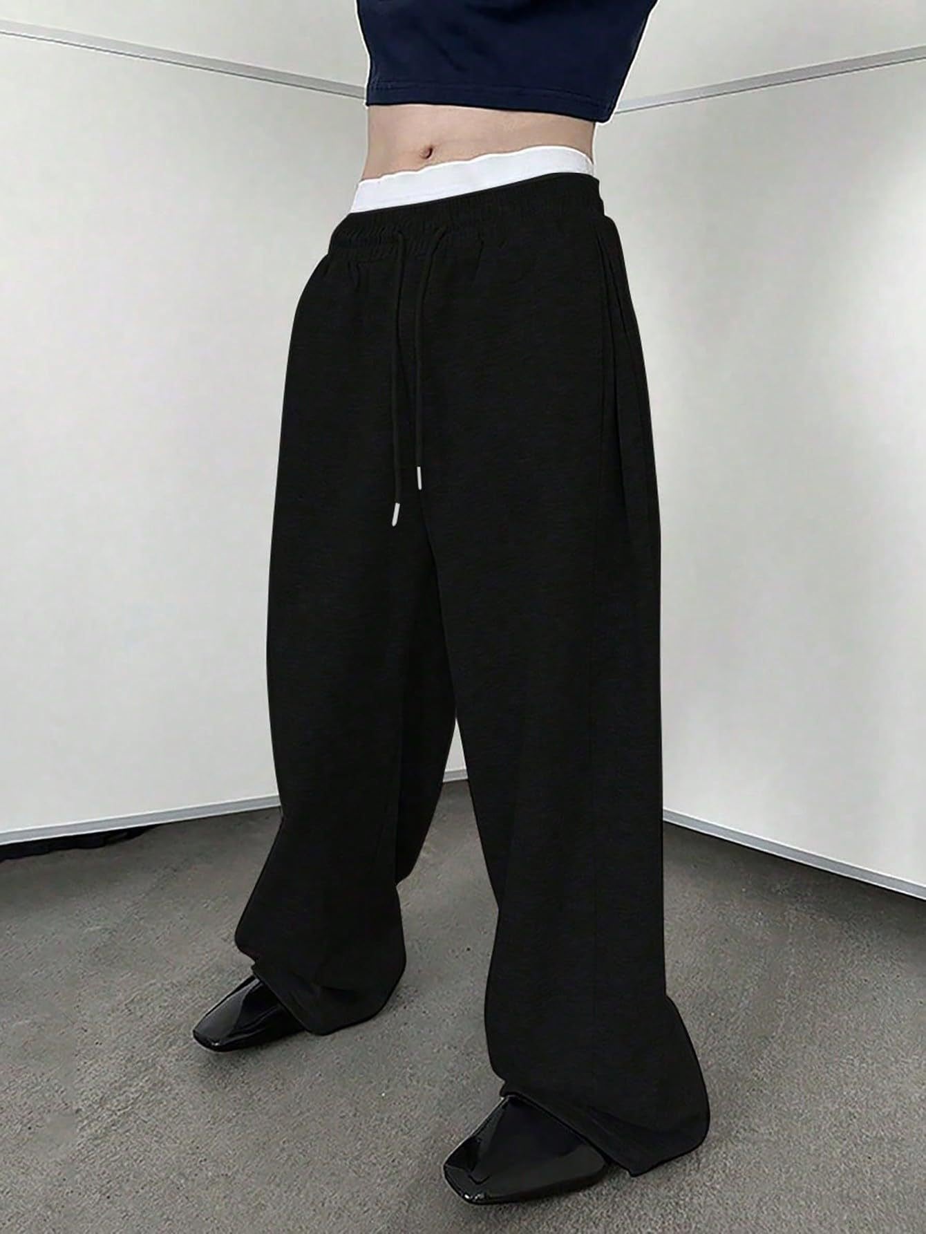 European and American men's waist trousers waist drawstring straight wide-leg loose trousers sports trousers pocket men pants