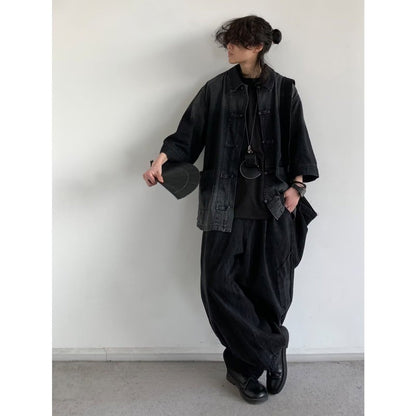 Ancient Style Denim Shirt Mens Halo Dyed Washed Single Breasted Short Sleeved Jacket Lapel Collar Fashion Tops Male High Quality