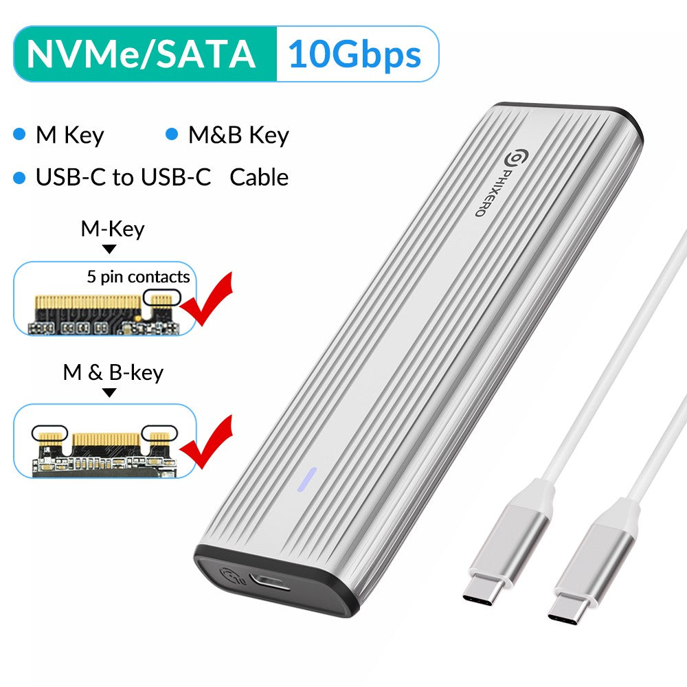 PHIXERO M.2 NVMe SATA SSD Enclosure Duplo Protocolo NVMe para Adaptador USB 10Gbps USB 3.1 Gen2 USB C Case Externo Liga de Alumínio