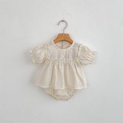 Girls Summer Fashion Set Children's Embroidered Grid Puff Sleeve Top+Shorts Two Piece Cute Baby Girls Clothes Set Baby Clothes