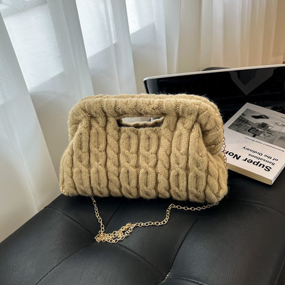 Women Knitting Chain Shoulder Bags Trend Crochet Clutch Purse Plush Cloud Handbags Autumn Winter Travel Daily Crossbody Bags