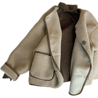 New Winter Loose Short Thickened Lamb Fur Jacket Simple Style Small Size Elegant Top Polyester Fiber Full Sleeve Coat