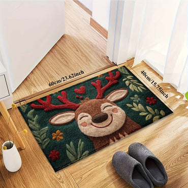 1pc Fluffy Christmas Deer Bath Mat - Quick-Dry & Absorbent, Festive Holiday Design with Red Berries & Green Leaves bathroom mat