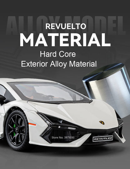 Miniaturas de carros de brinquedo Lambor Revuelto em liga fundida, escala 1:24, superesportivo com 4 portas que abrem, presente para crianças e bebês