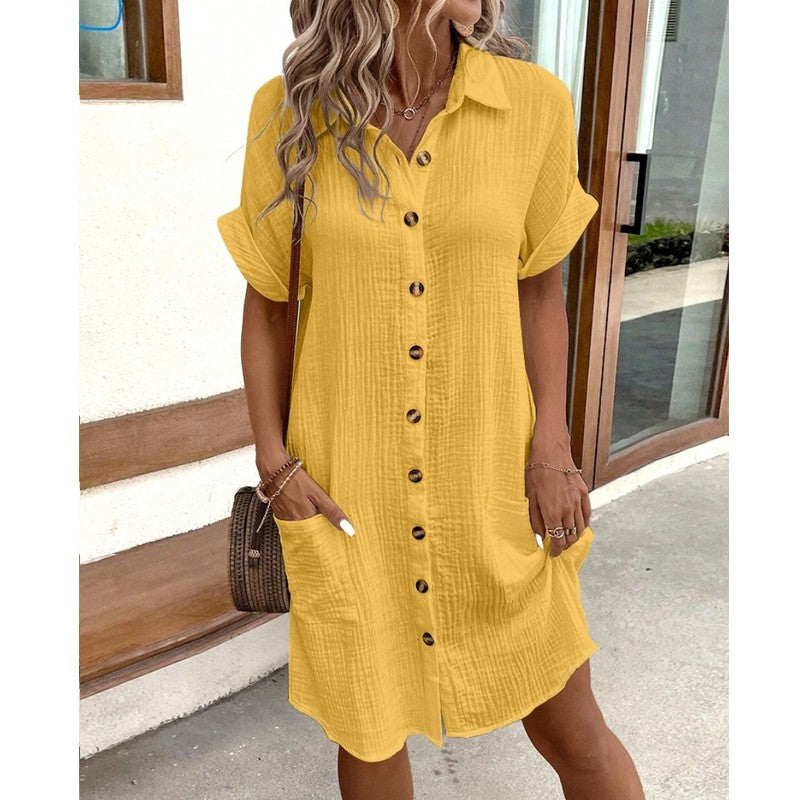 Fashion Women Summer Short Sleeve Shirt Dress Elegant Loose Simple Pockets Offic