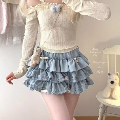 2025 Summer New Versatile Women's Clothing Blue Bow Lace Cake Tutu Mini Skirt Kawaii Pink Sweet Cute Thin A-line Skirts Ladies