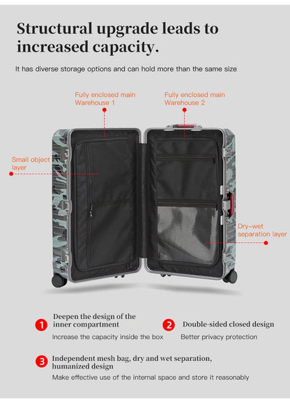 Suitcase Wide Handle Travel Suitcase Men 20 24 26 Carry-On Luggage Women PC Aluminum Frame Trolley Case