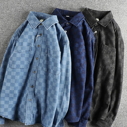 Spring Japanese Retro Long Sleeve Lapel Denim Plaid Cargo Shirts Men's High Street 100% Cotton Washed Loose Casual Thin Jacket