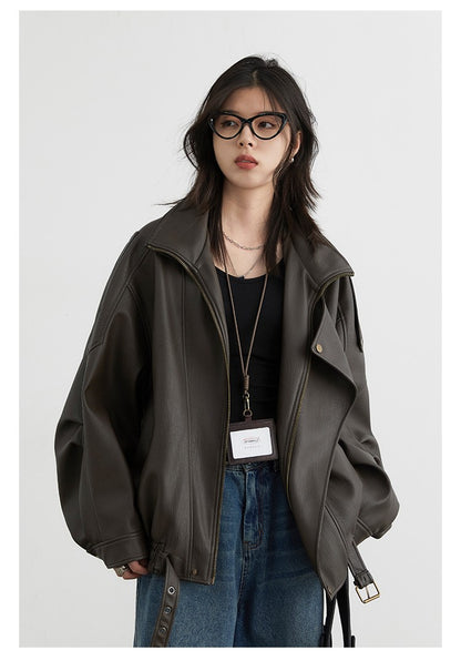 CHIC VEN Female PU Jacket Solid Loose New Retro Standing Collar Motorcycle Faux Leather Coat Female Top Spring Autumn 2024