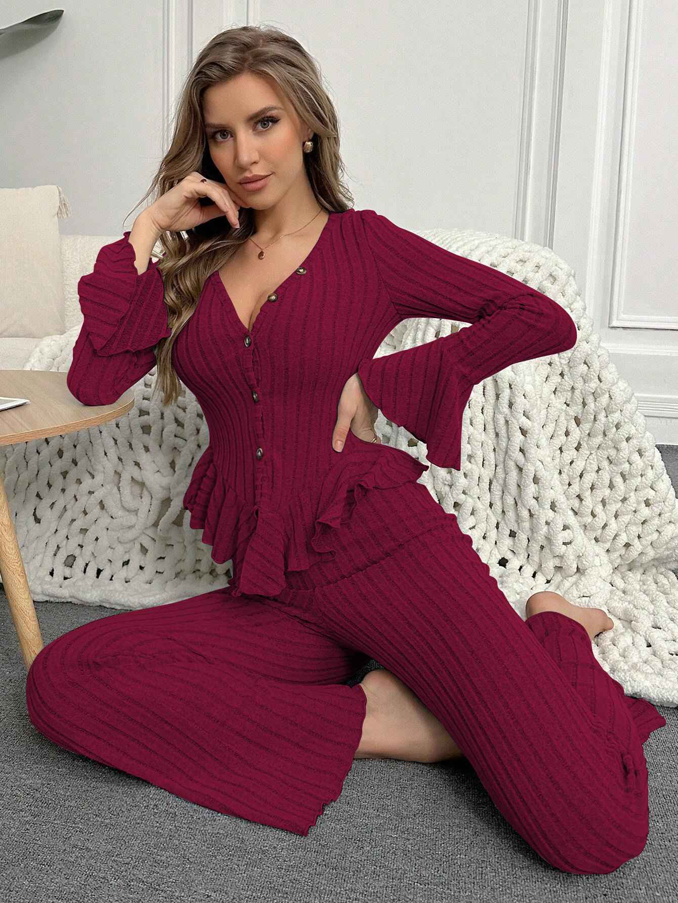 Home Wear Sexy V-neck Fashionable Length Pants Set Autumn Winter Comfortable Casual Slim Fit Women Two-piece Set pajama