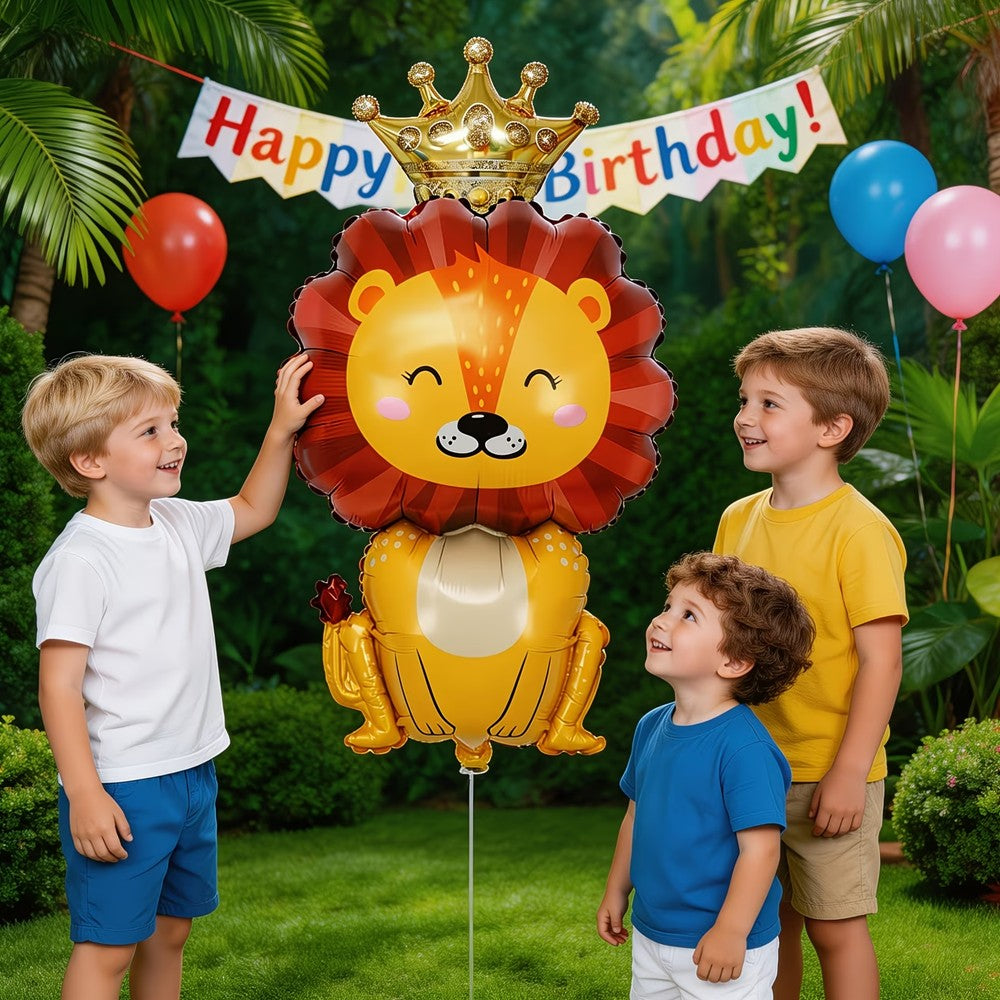 Cute Crown Little Lion King Foil Balloon, Cartoon Lion with Golden Crown Mylar Balloon for Jungle Safari Wild Animal Theme Birth