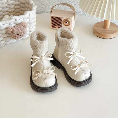 Girls Padded Fashion Leather Boots 2-18 Years Old Thickened Bow Hairy Girls Cotton Shoes Winter Beige Soft Non-slip Kids Boots