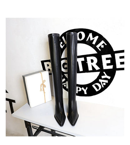 2024 New Autumn Women's Pointed Toe Boots Over-the-Knee Sewing Slip On PU Leather Square Heel Street Style Shoes Black