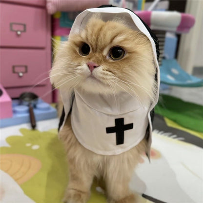 Roupas de Gato de Halloween com Fantasia de Freira e Estampa de Cruz de Jesus para Cães Pequenos Engraçado Bonito Vestido de Festa Macacão para Animais de Estimação Acessórios para Gatos
