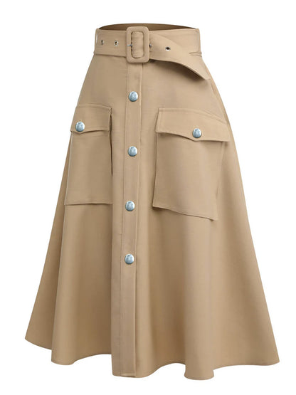 Plus Size Utility Cargo Midi Skirt Women's High Waist Belted A-Line Work Skirt with Pockets Free Shipping