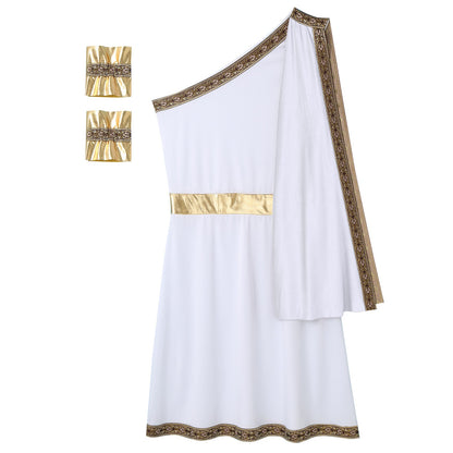 Mens Ancient Greek Toga Roman King Prince Cosplay Costume Halloween One Shoulder Embroidered Robe Dress Theme Party Outfits