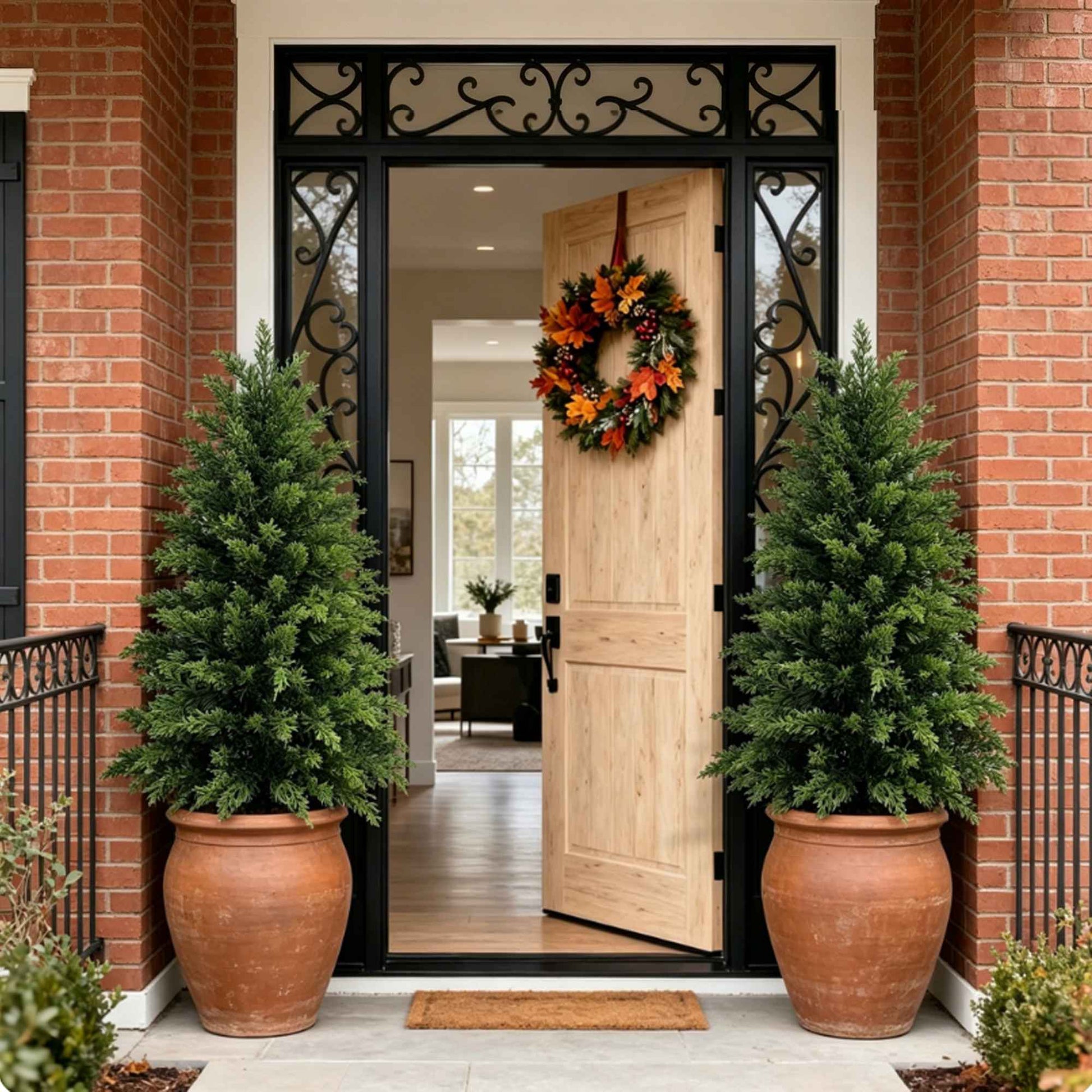2/3/4/5/6FT Artificial Topiary Cedar Trees UV-Resistant Faux Evergreen Outdoor Indoor Plants Black Pot Faux Cedar Topiary Plants Christmas Trees for Front Porch Entryway & Patio Xmas Decor