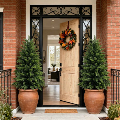 2/3/4/5/6FT Artificial Topiary Cedar Trees UV-Resistant Faux Evergreen Outdoor Indoor Plants Black Pot Faux Cedar Topiary Plants Christmas Trees for Front Porch Entryway & Patio Xmas Decor