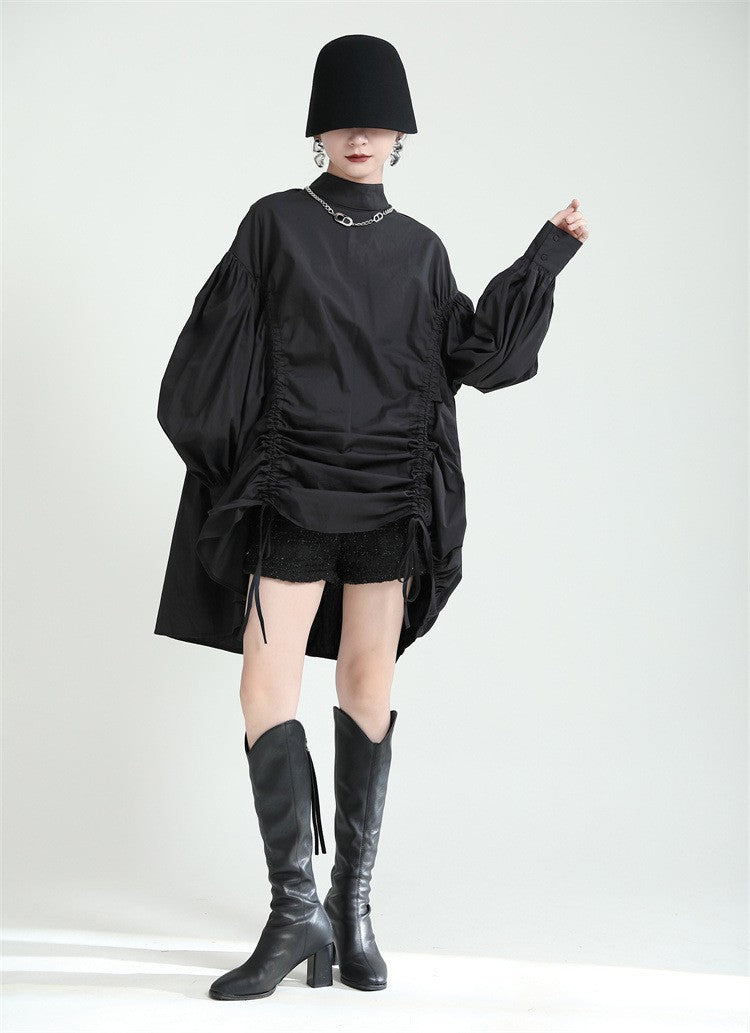 2025 Women Irregular Drawstring Big Size White Blouse New Stand Collar Long Sleeve Shirt Fashion Tide Spring Autumn