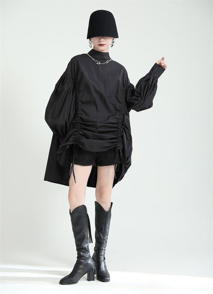 2025 Women Irregular Drawstring Big Size White Blouse New Stand Collar Long Sleeve Shirt Fashion Tide Spring Autumn