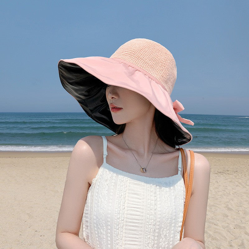 Summer Sun hat women's straw woven anti ultraviolet sun visor hat with big brim seaside black glue breathable Bucket hat sun hat