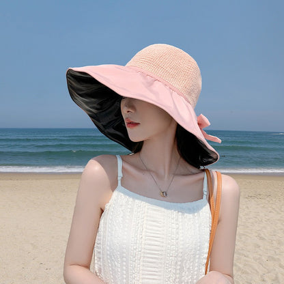 Summer Sun hat women's straw woven anti ultraviolet sun visor hat with big brim seaside black glue breathable Bucket hat sun hat