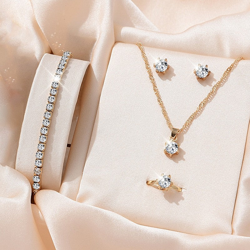 Conjuntos de joias elegantes de cristal 5 peças para mulheres Colar Brincos Anel Pulseira Joias de princesa Conjunto de casamento de noiva Dia dos Namorados