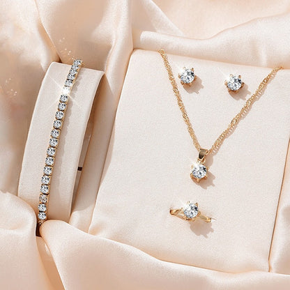Conjuntos de joias elegantes de cristal 5 peças para mulheres Colar Brincos Anel Pulseira Joias de princesa Conjunto de casamento de noiva Dia dos Namorados