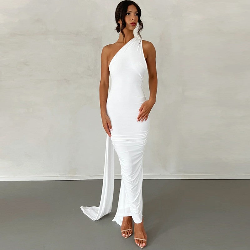 Hugcitar One Shoulder Backless Adjustable Scarf Loop Ruched Sexy Maxi Dress Wome