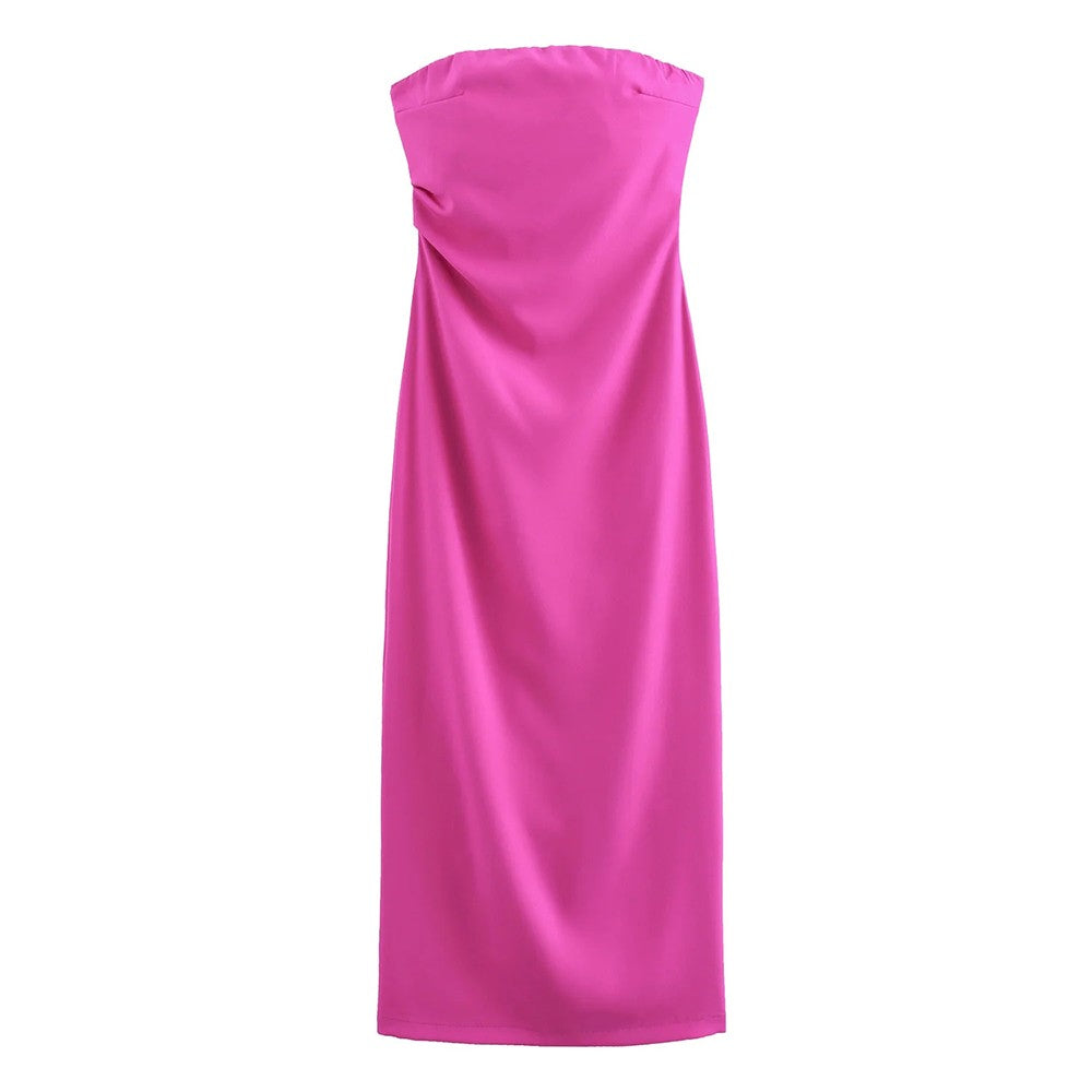 TRZA Women Fashion Strapless Gathered Midi Dress Sexy Straight Neck Back Slit Fe