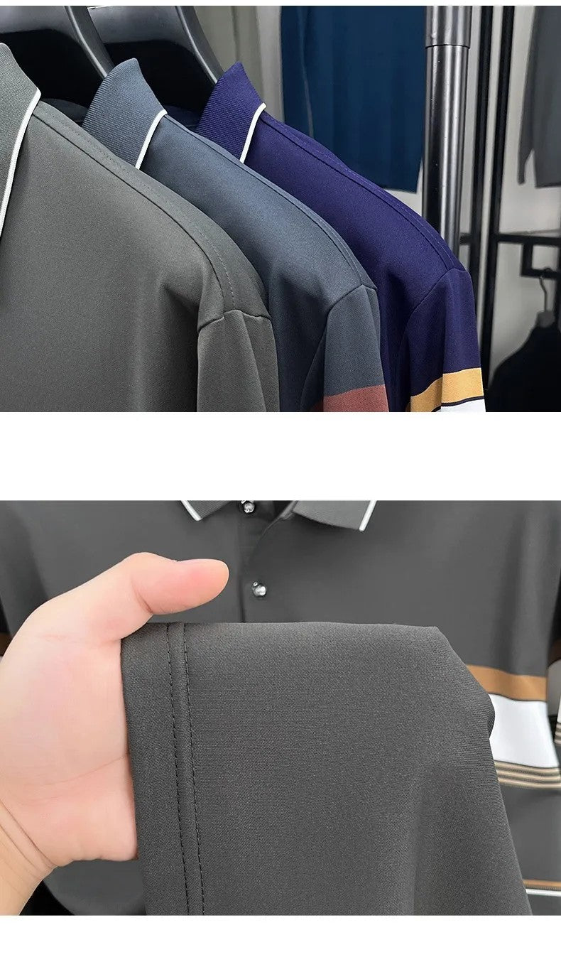 High quality stripe men's long sleeve polo shirt fashion luxury pocket middle-aged business casual color blocked comfort T-shirt