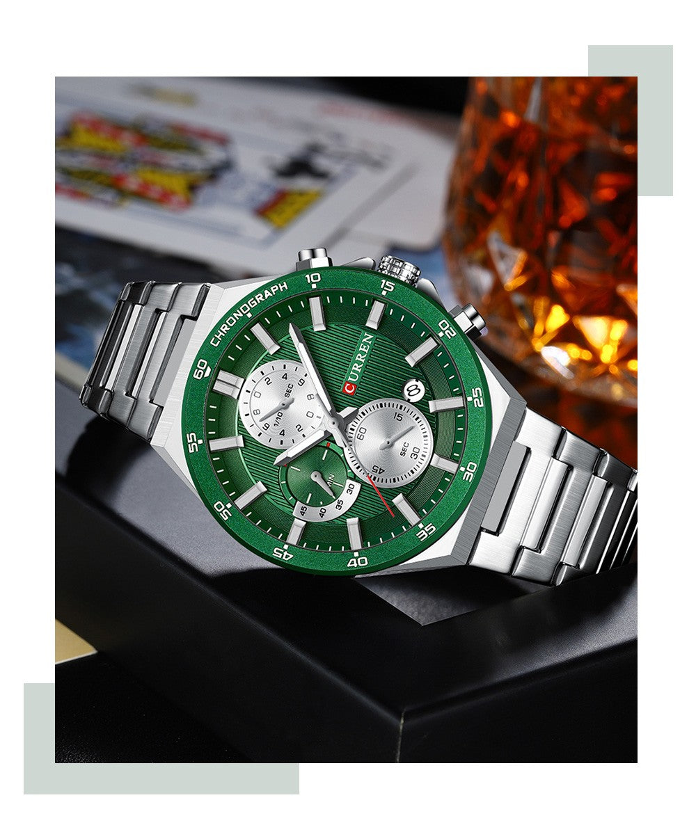 CURREN Classic 43mm Men's Watch Chronogrph Quartz Wristwatch with Stainless Steel Band Luminous Hands Auto Date