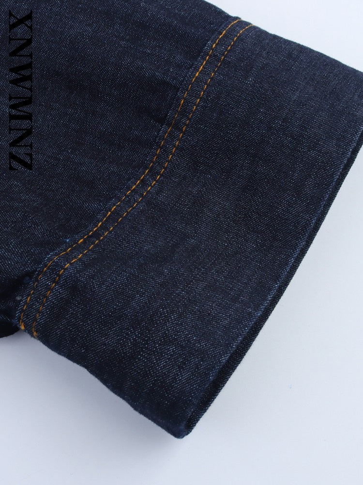 XNWMNZ 2025 Summer Woman's Casual Commuting Long Sleeve Denim Long Sleeve Top Simple Lady Blue Turn-down Collar Fashion Shirt