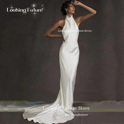 Customized Simple Mermaid White Wedding Dress Sexy Backless Bridal Halter Sleeveless Gown Vestido Elegant Floor-Length 2025