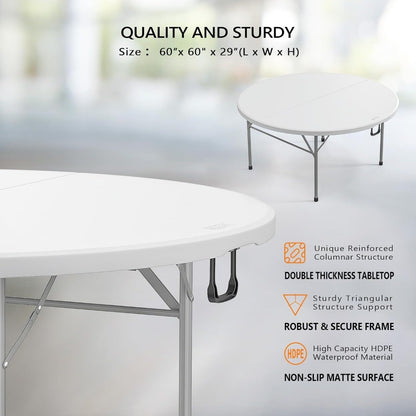 White 48 Round Bi-Folding Commercial Table, 4 Feet Portable Plastic Dining Card Table for Kitchen or Outdoor Party Weddin