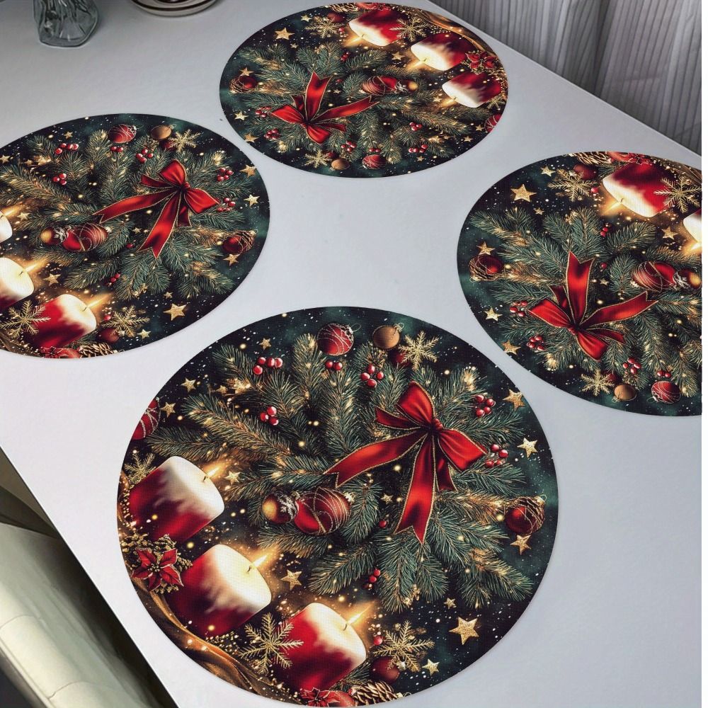 4PCS Christmas Placemats Round Polyester Non Slip Heat Resistant Festive Table Mats Christmas Style Design Round Tablecloth